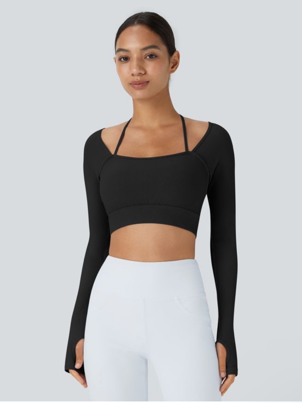 Halara Ribbed Halter Strap Thumb Hole Cropped Yoga Sports Top (Black)